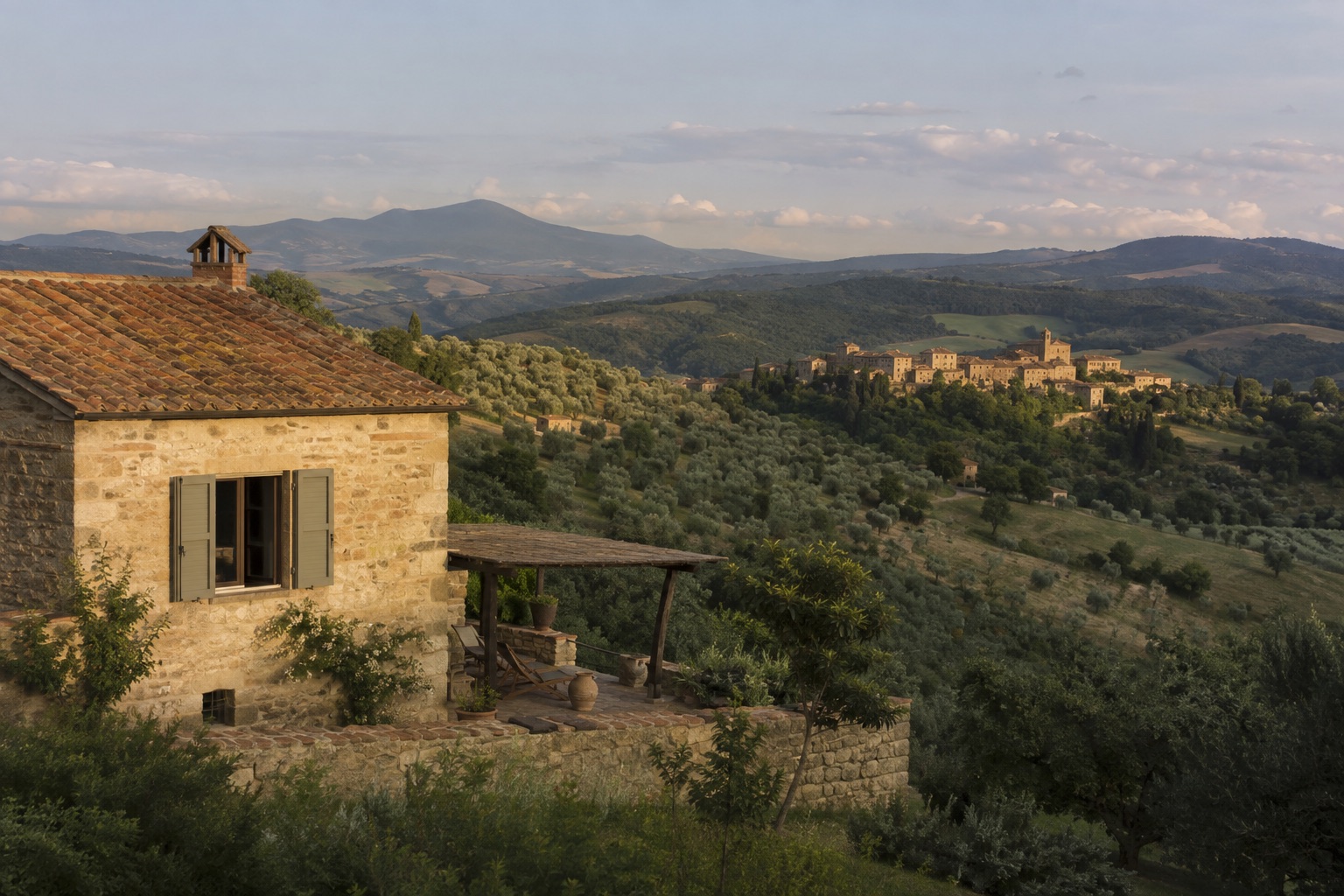 AI-generated Italian hills with olive groves and a distant stone village