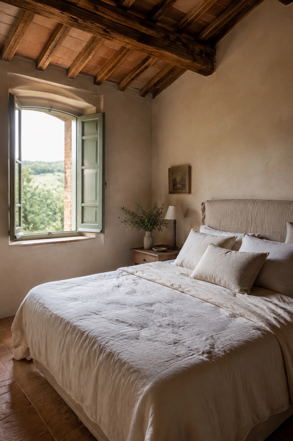 AI-generated bedroom with soft linen bedding, cream plaster walls and wooden beams