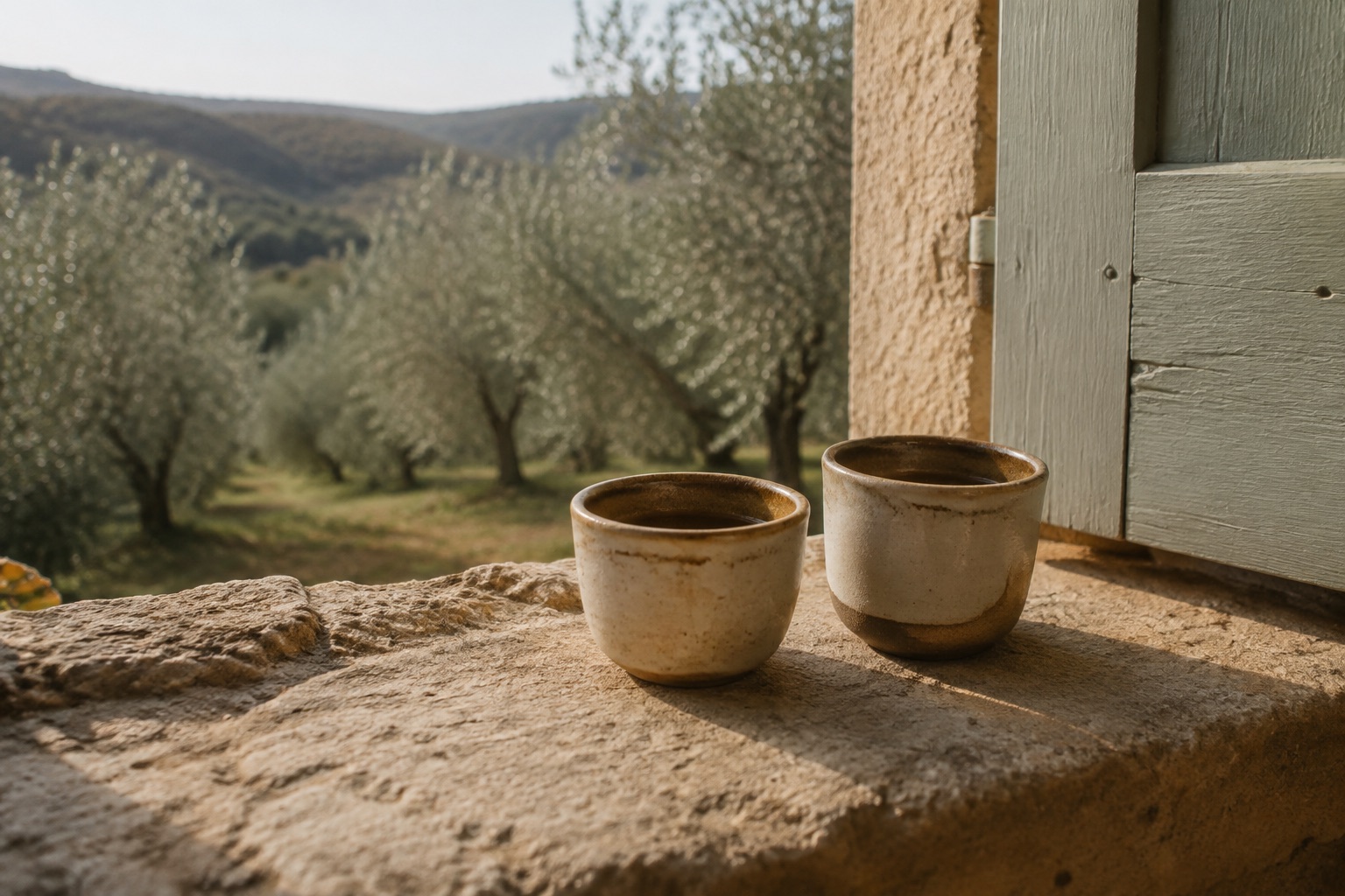 AI-generated espresso cups on a stone windowsill overlooking olive trees