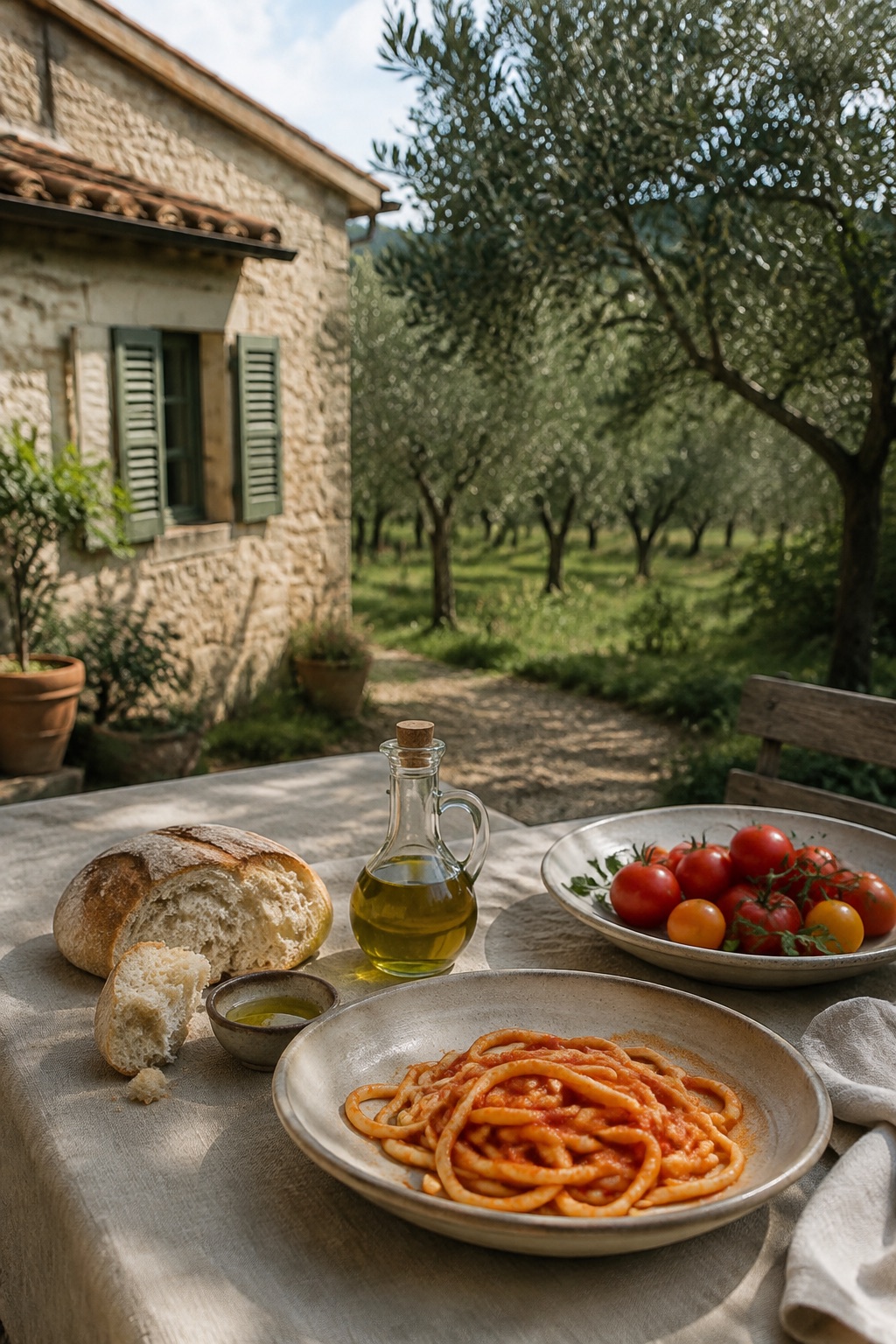 AI-generated rustic Italian lunch with pasta, tomatoes, bread and olive oil