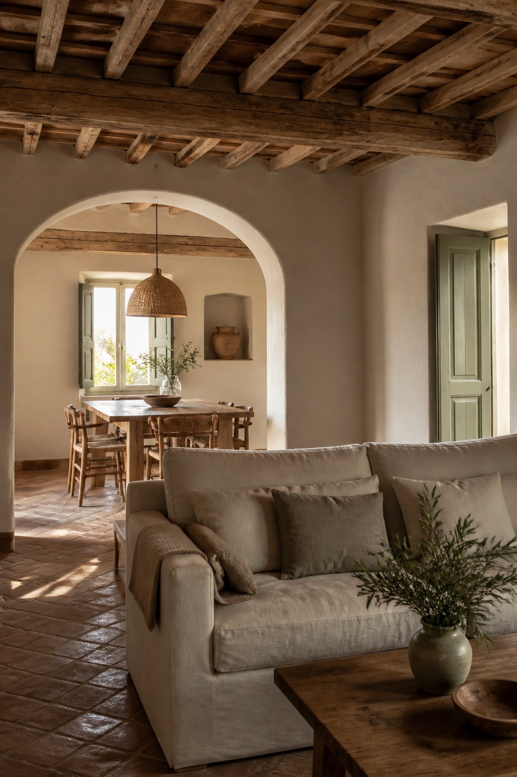 AI-generated living room with a linen sofa, oak beams and terracotta floors