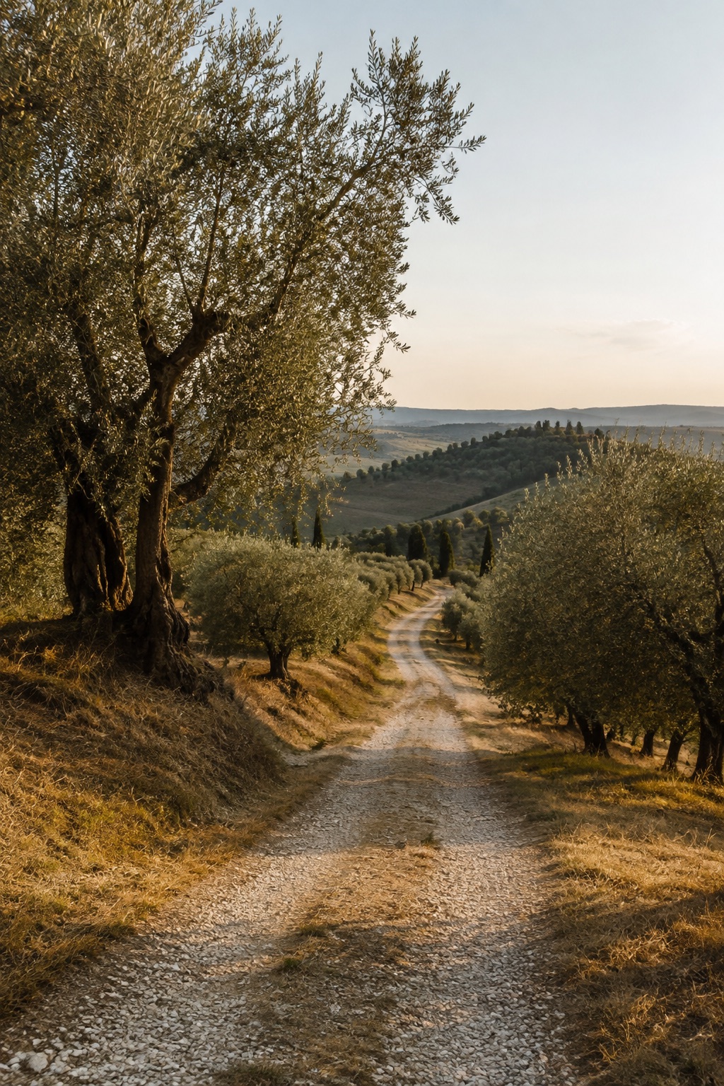AI-generated gravel walking path through an olive grove in the Italian countryside